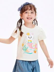 Balabala Young Girl Tops Summer Cute Mermaid Kitten Printed Pure Cotton Crewneck Short Sleeve T-Shirt White - White - View 3