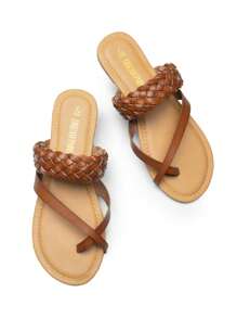 Women's Slide Sandals Flip Flops Slip On Leather Braided Casual Cross Band Thong Slide Beach Walking Vacation Summer Flat Sandals - 棕色 - 查看 1