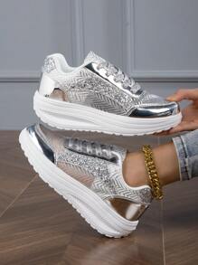 Giày thể thao lấp lánh dành cho nữ\ Mùa hè đế dày đế nêm, giày thể thao lấp lánh bằng lưới thoáng khí, giày thể thao chạy bộ có đèn LED cho người phụ nữ ngoài trời màu hỗn hợp, giày thể thao có đèn LED cho căn hộ - Bạc - Xem 3