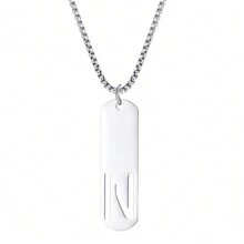 1pc Rectangle Tag English Letter Pendant Silver Tone 60cm Long Chain Necklace, Unisex - Silver - View 27