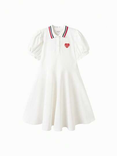 Balabala Girls' Colorblock Puff Sleeve Dress, Campus Style