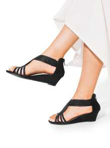 Women's Wedge Sandals Open Toe Rhinestone Fashion Comfortable For Party Wedding Dress Summer Shoes - 黑色 - 查看 7