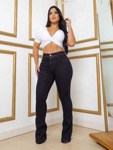 Calça Jeans Feminina Flare Linha Premium Carbono Boca de Sino Cintura Alta - Azul petróleo - Visão 2
