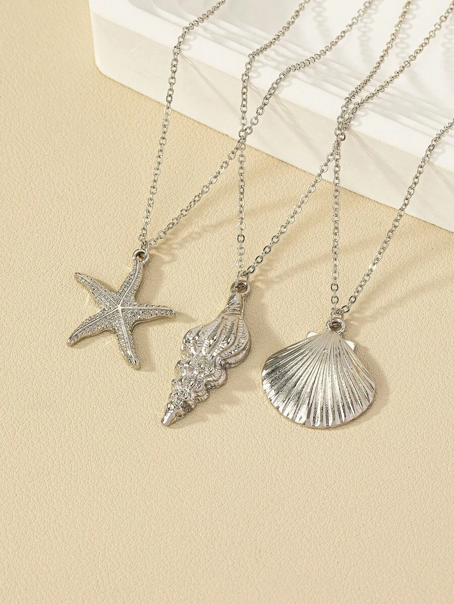 1 Set de collares minimalistas de moda con colgantes de estrella de mar, concha y caracol, adecuado para uso diario, salidas, viajes a la playa, vacaciones, regalo para la novia