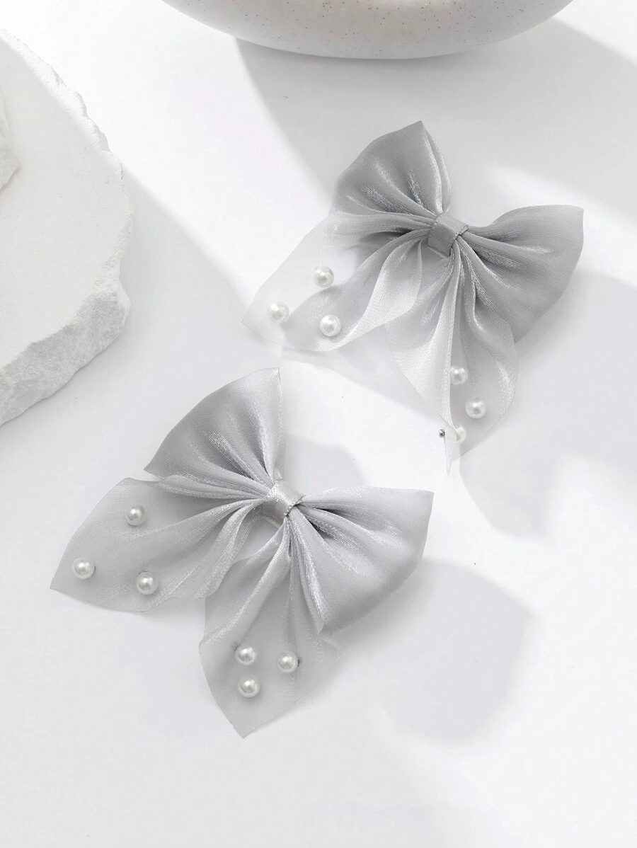 2个装青少年透明蝴蝶结发夹 | 仿珍珠装饰发饰 | 优雅发夹，适合女孩婚礼/生日 - 淺灰色 - 查看 1
