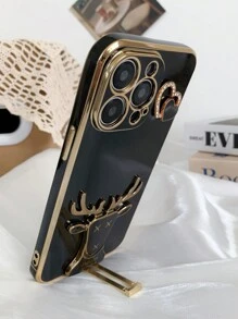 1pc New Deer Head Design Electroplating Phone Case With Hidden Stand Compatible With Apple, Compatible With Huawei, Compatible With Samsung, Compatible With Redmi, Compatible With Xiaomi, Compatible With Vivo, Compatible With Oppo, Compatible With Moto,International Version, Not The Domestic Version - Black - View 3