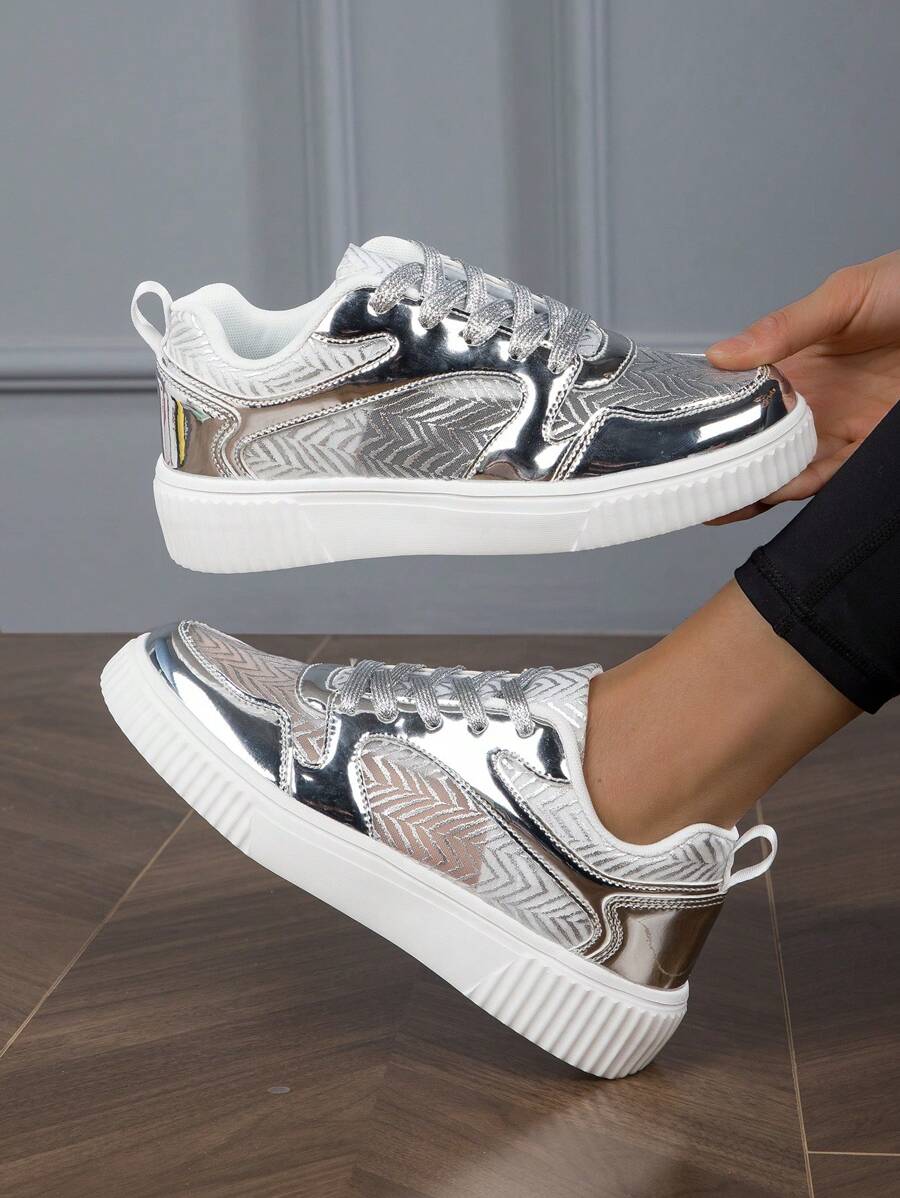 Zapatillas Casuales Blancas Para Mujeres, Zapatillas Deportivas Plateadas Para Mujeres, Zapatos Transpirables De Malla Con Puntadas De Contraste Y Cordones Para Correr Al Aire Libre En Verano