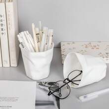 White Creative Artistic Pencil Holder Pen Pot With Personalized, Simple Design For Stationery, Cosmetic Brush Storage - White - View 1
