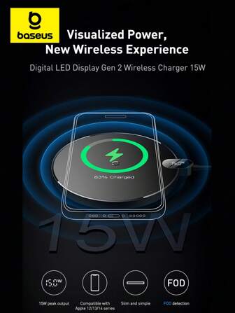 Baseus 15w Carregadores sem fio compatíveis com iPhone 15 14 Samsung LED Display Desktop Almofada de carregamento sem fio compatível com Airpods Carregador rápido