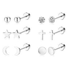 PMKMKM 6 對鍍銀時尚簡約不鏽鋼圓球/星星/月亮//圓盤方晶鋯石耳環 - 銀色 - 查看 17