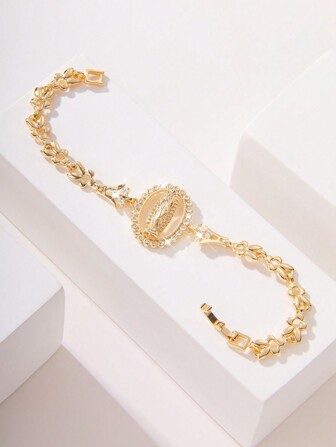 1pc Fashion Simple Luxury Shining Copper Embellished Floral Openwork Relief Virgin Mary Bracelet, Suitable As Gift For Moms/Father's Day/Siblings/Couples/Best Friends, For Daily & Festive Wear & Prayer