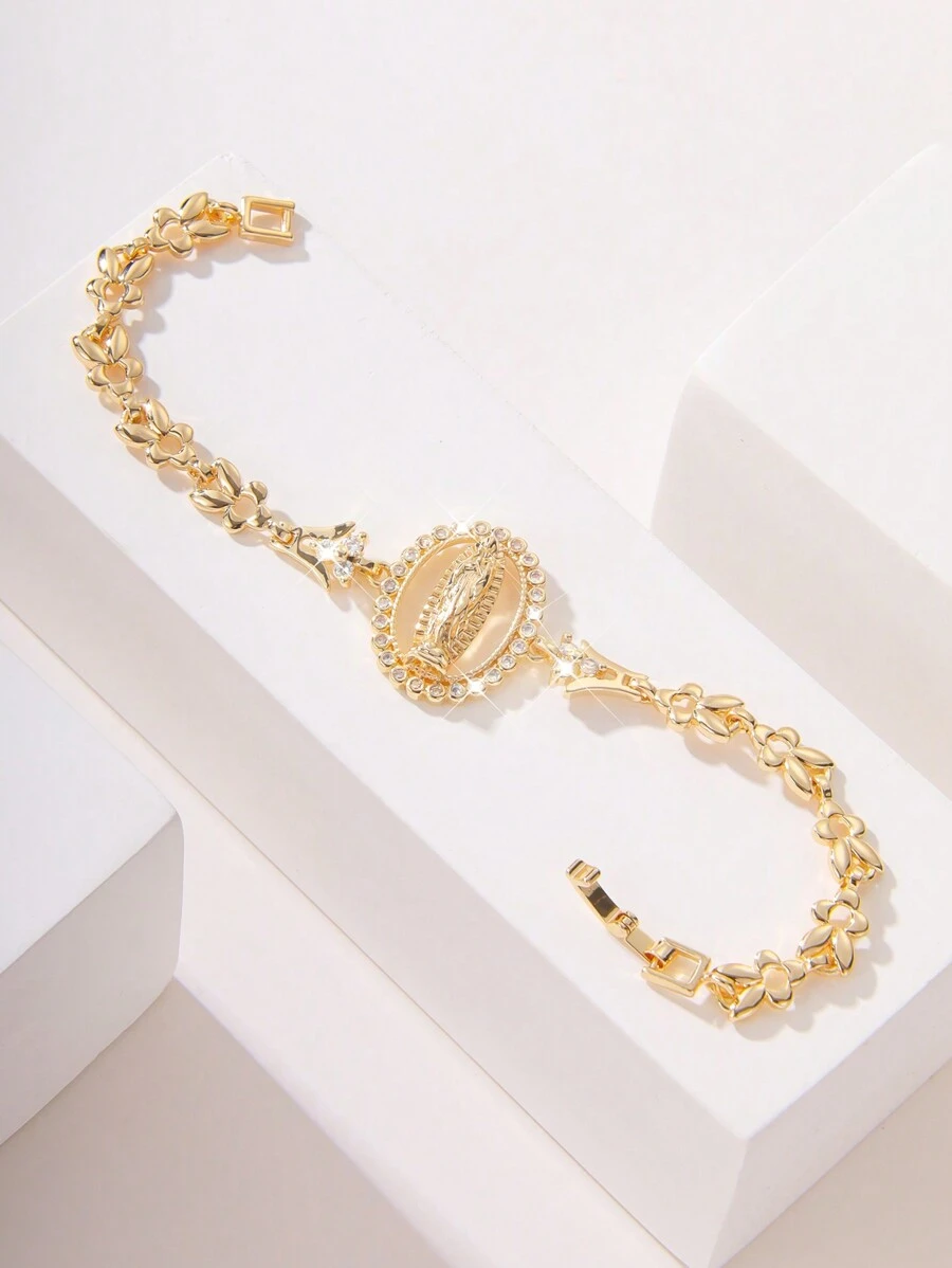 1pc Fashion Simple Luxury Glitter Copper Inlaid Flower Petal Hollow Embossed Virgin Mary Bracelet, Suitable As Gift For Mother/Father's Day/Siblings/Couples/Friends, Daily/Holiday Wear, Praying - Yellow Gold - View 1