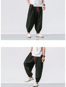 pantalones bombachos holgados de gran tamaño para hombre pantalón de chándal de lino con sobrepeso de marca informal de alta calidad - Negro - Ver 5