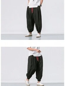 pantalones bombachos holgados de gran tamaño para hombre pantalón de chándal de lino con sobrepeso de marca informal de alta calidad - Negro - Ver 8