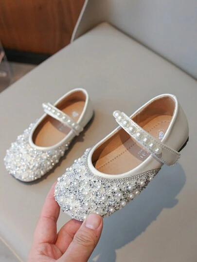 女童珍鞋,珍珠裝飾帶扣平底鞋