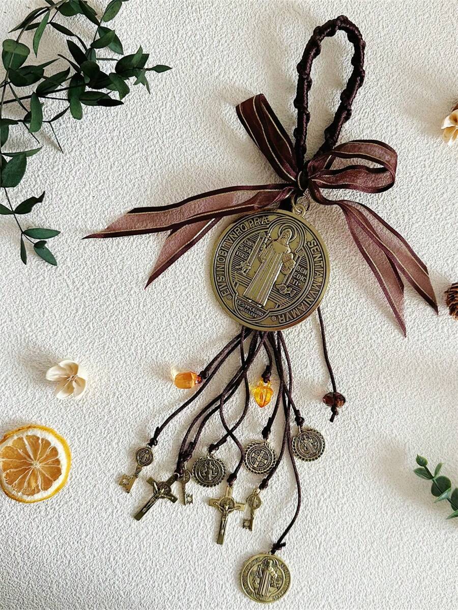 BONITTER Antique Silver Cross Charm Plating Saint Benedict Medal Protection Blessing Charm Catholic Golden San Benito Medalla Handmade Easter Day's Gift Car Hanging Charm For Men Women