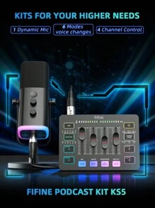 FIFINE Podcast Sound Card Studio Kit With Dynamic XLR/USB Gaming Microphone, USB/XLR Microphone Kit With Volume Fader/XLR Interface For PC Gaming Recording Video Vocal-Ampligame-FIFINE KS5