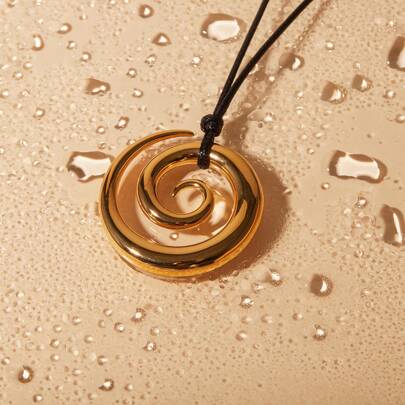 S SHOPBOHO 1pc Bohemian Jewelry Waterproof 18k Gold Plated Stainless Steel Spiral Pendent Black Waxed Rope Necklace For Women