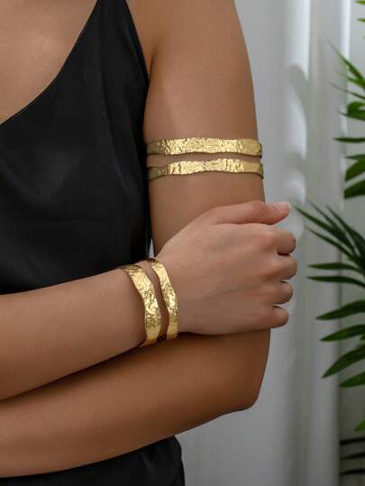 1 set Bracelet manchette géométrique ajouré et brassard, 2 pièces Set de bijoux rétro exagéré