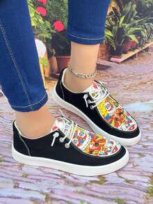 女款獅舞印花低幫輕便舒適休閒運動鞋,鞋帶封口 - 黑色 - 查看 5