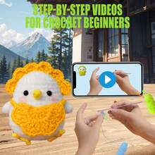 Diy 初學者鉤織製作套件,可做成戴橙色圍兜的小雞,松縫玩具-禮品動物編織入門套件,一組完整的編織套件,包含教學步驟指引和視頻教程,適合成人學習鉤織手工藝品,裝飾家居桌面,作為假日,聖誕節,復活節和母親節生日禮物