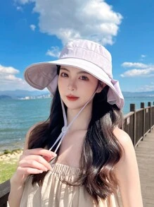 1pc Women's Spring/Summer Outdoor Wide Brim Sun Hat, Korean Fashion Poncho Style With Hole For Ponytail - Multicolor - View 12