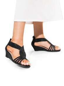 Women's Wedge Sandals Open Toe Rhinestone Fashion Comfortable For Party Wedding Dress Summer Shoes - 黑色 - 查看 6