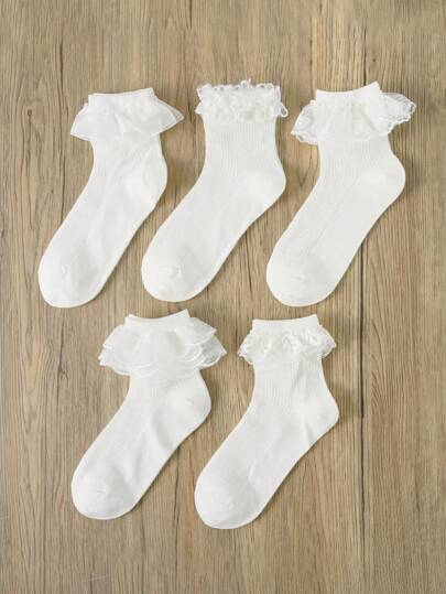 5 Pairs White Lace Trim Cute Kids/Babies Socks, Suitable For School, Party