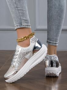 Giày thể thao lấp lánh dành cho nữ\ Mùa hè đế dày đế nêm, giày thể thao lấp lánh bằng lưới thoáng khí, giày thể thao chạy bộ có đèn LED cho người phụ nữ ngoài trời màu hỗn hợp, giày thể thao có đèn LED cho căn hộ - Bạc - Xem 4