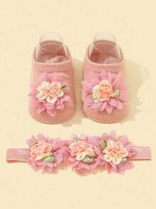 女婴花朵装饰公主风格头带 1 件 + 防滑地板袜（适合初学走路的婴儿）1 双 爱情情人节