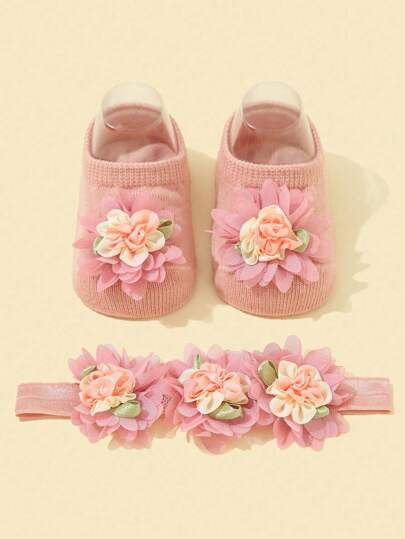 Baby Girls' Flower Decorated Princess Style Headband 1pc + Anti-Slip Floor Socks For First Walkers 1pair Love Valentine
