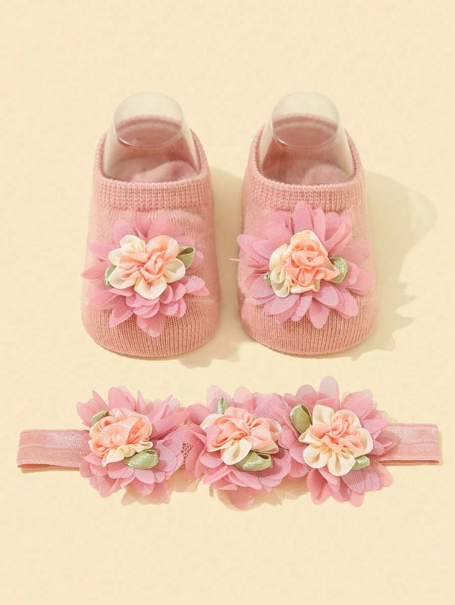 女婴花朵装饰公主风格头带 1 件 + 防滑地板袜（适合初学走路的婴儿）1 双 爱情情人节
