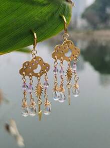 2pcs Bohemian Style Natural Stone Beaded Handmade Earrings With Sun & Moon & Tassel & Tie Dye Design For Women's Casual Wear - Vàng - Xem 2