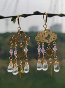 2pcs Bohemian Style Natural Stone Beaded Handmade Earrings With Sun & Moon & Tassel & Tie Dye Design For Women's Casual Wear - Vàng - Xem 3