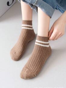8 Pairs Women's Mid-Calf Simple Double Stripe Sport Socks, Korean Style, Odor-Resistant, Comfortable, Breathable, Non-Slip, Suitable For Walking, Summer