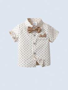 BOARNSEORL 2 件套年轻男孩绅士西装套装，短袖领衬衫配蝴蝶结和卡其色短裤配吊带，时尚帅气，适合生日派对、婚礼、花童装 - 卡其色 - 查看 4