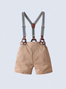 BOARNSEORL 2 件套年轻男孩绅士西装套装，短袖领衬衫配蝴蝶结和卡其色短裤配吊带，时尚帅气，适合生日派对、婚礼、花童装 - 卡其色 - 查看 5