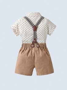 BOARNSEORL 2 件套年轻男孩绅士西装套装，短袖领衬衫配蝴蝶结和卡其色短裤配吊带，时尚帅气，适合生日派对、婚礼、花童装 - 卡其色 - 查看 3