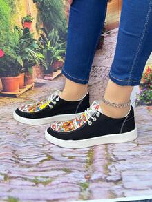 女款獅舞印花低幫輕便舒適休閒運動鞋,鞋帶封口 - 黑色 - 查看 2