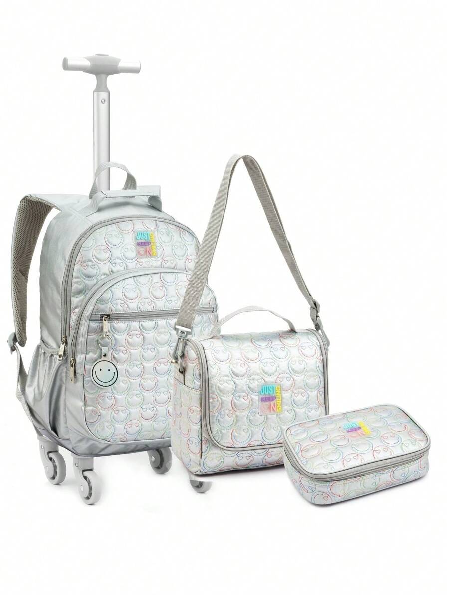 Kit Mochila de Rodinha, Lancheira e Estojo Smile Metalizado - Prata - Visão 1