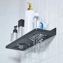 1pc No-Drill Adhesive Bathroom Wall Mounted Storage Shelf With Drainage - White - View 5