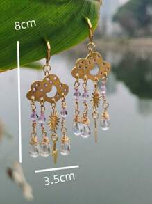 2pcs Bohemian Style Natural Stone Beaded Handmade Earrings With Sun & Moon & Tassel & Tie Dye Design For Women's Casual Wear - Vàng - Xem 4