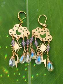 2pcs Bohemian Style Natural Stone Beaded Handmade Earrings With Sun & Moon & Tassel & Tie Dye Design For Women's Casual Wear - Vàng - Xem 1