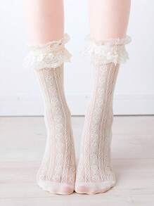 Lolita Phong cách Nhật  Ren hoa Xu hướng: Cắt giảm Dễ thương Tim Giữa bắp chân Vớ Và Ren Ngắn Vớ - Màu be - Xem 2