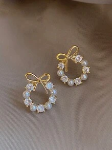 1對法式優雅時尚仿珍珠女士耳釘,日常佩戴百搭細膩 - 金黃色 - 查看 4