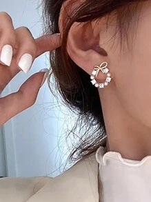 1對法式優雅時尚仿珍珠女士耳釘,日常佩戴百搭細膩 - 金黃色 - 查看 5