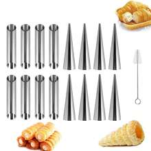 16pcs Non-Stick Stainless Steel Croissant Mold Set, Including Cone-Shaped Tubes, Croissant Roll Cutters, And Cleaning Brush - Silver - View 1