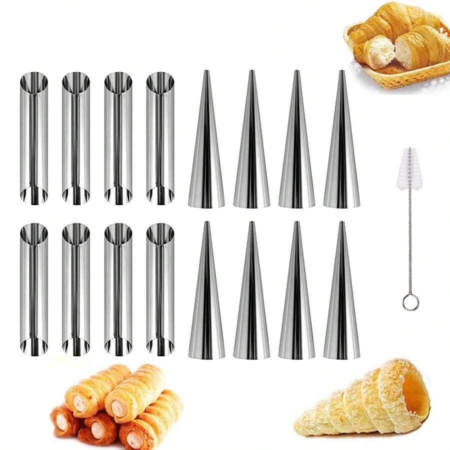 16pcs Non-Stick Stainless Steel Croissant Mold Set, Including Cone-Shaped Tubes, Croissant Roll Cutters, And Cleaning Brush - Silver - View 1