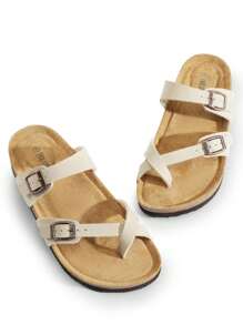 Women's Slide Sandals Open Toe Adjustable Slip On Slippers Cork Footbed Comfort Summer Thong Flat Sandals Shoes Adjustable - Màu be - Xem 2