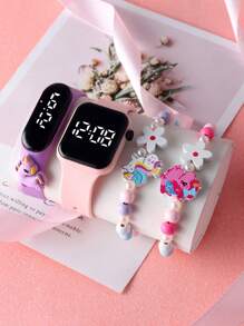 2入組不分男女卡通獨角獸裝飾數字led電子手錶和2入組獨角獸珠鏈裝飾手鍊,適合日常佩戴 - 彩色 - 查看 1